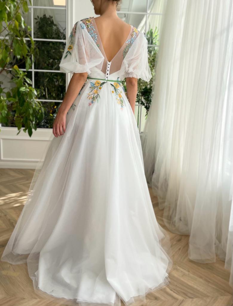 White A-Line dress with short sleeves, v-neck and embroidery