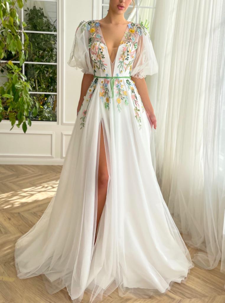 White A-Line dress with short sleeves, v-neck and embroidery