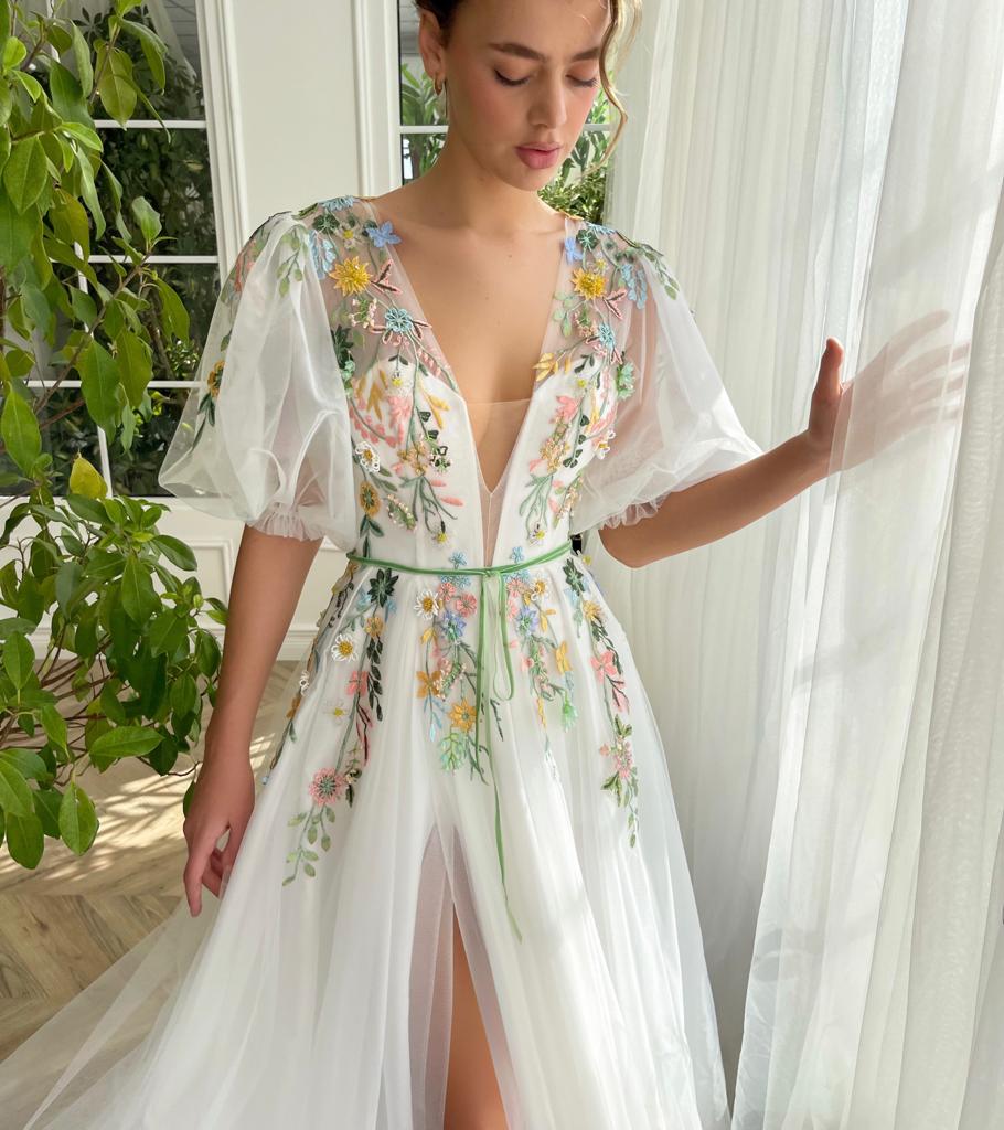 White A-Line dress with short sleeves, v-neck and embroidery
