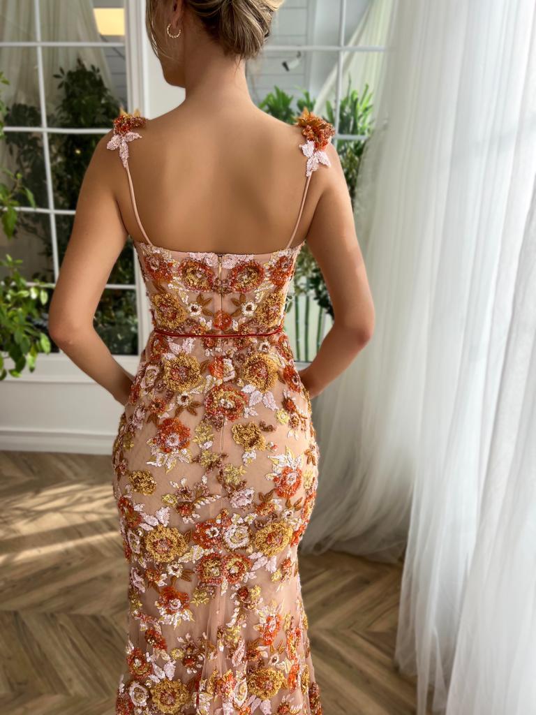 Brown autumn themed mermaid dress with floral embroidery and spaghetti straps