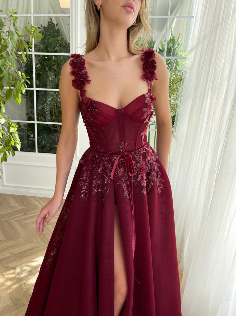 Red A-Line dress with embroidery and spaghetti straps