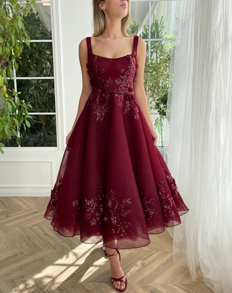 Red midi dress with embroidery and spaghetti straps