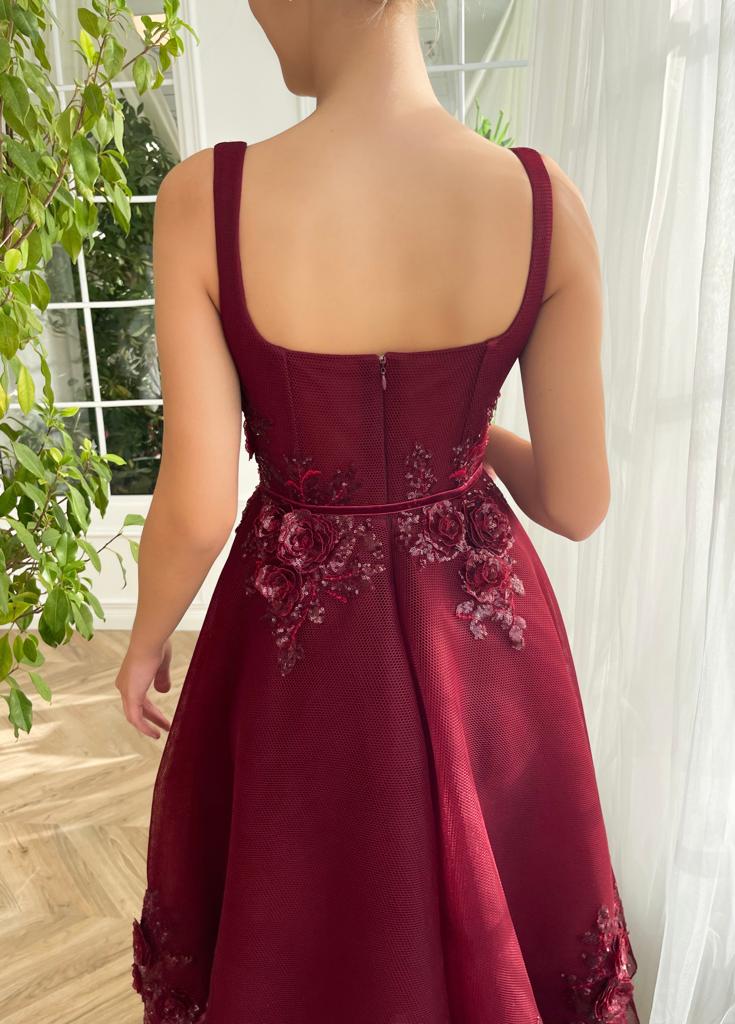 Red midi dress with embroidery and spaghetti straps