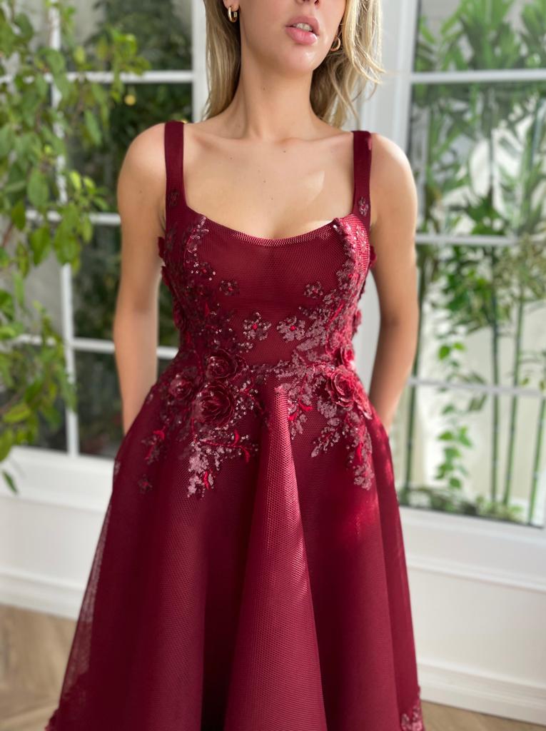 Red midi dress with embroidery and spaghetti straps