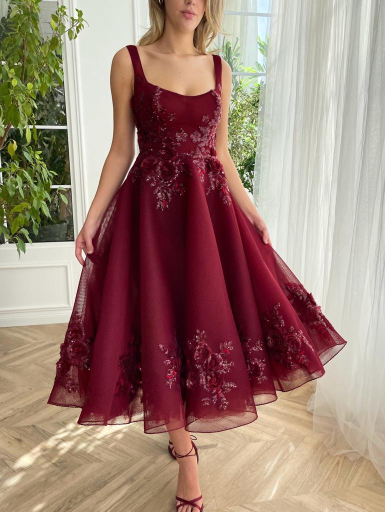 Red midi dress with embroidery and spaghetti straps
