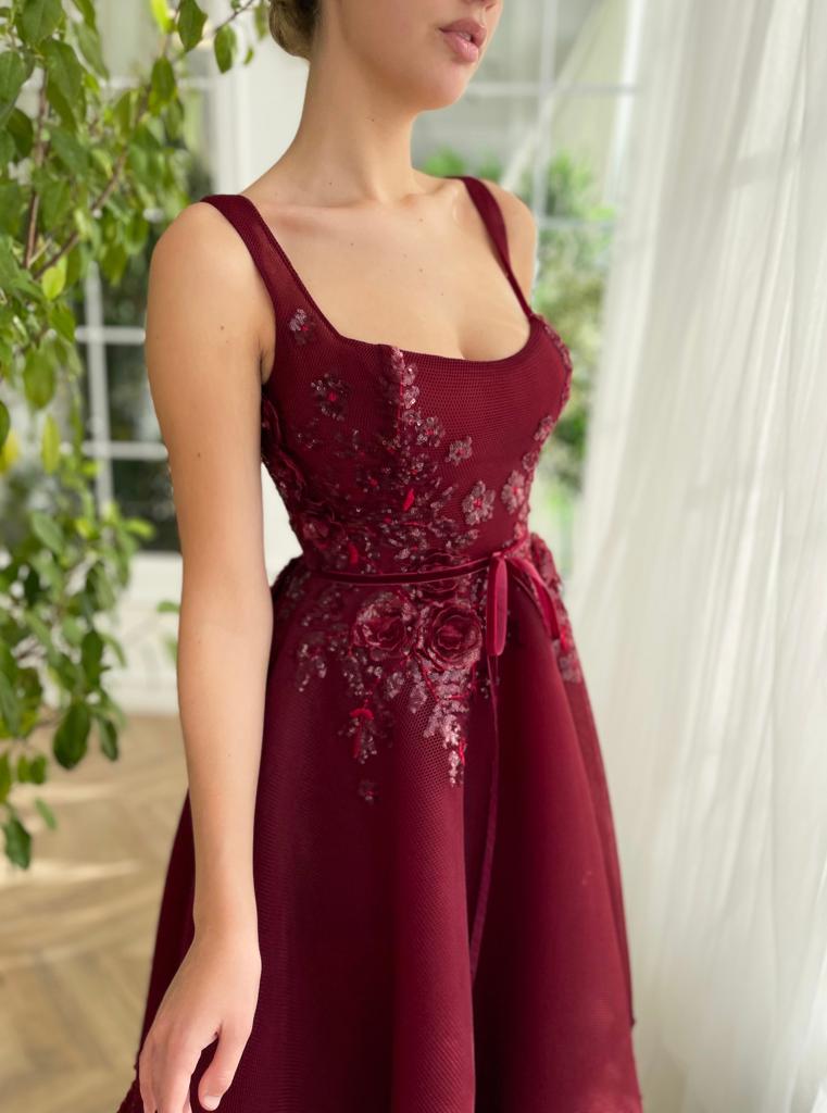 Red midi dress with embroidery and spaghetti straps