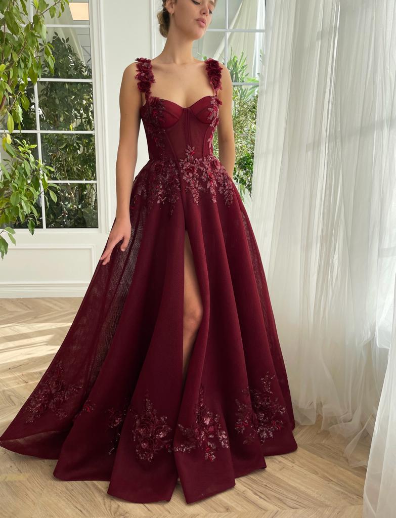Red A-Line dress with embroidery and spaghetti straps