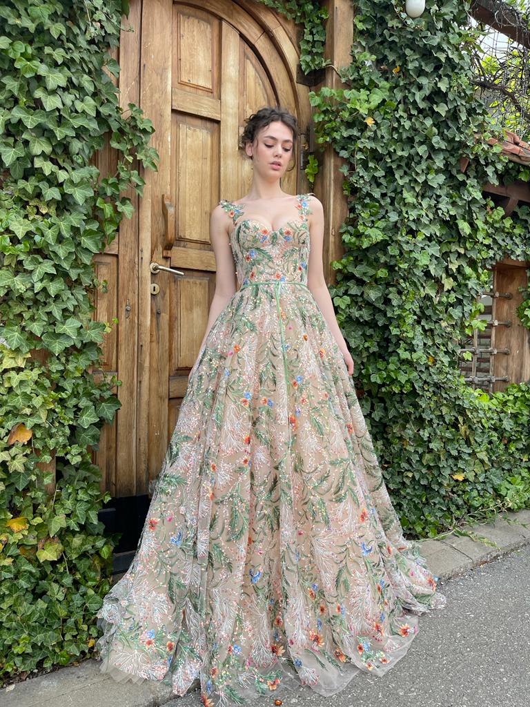 Colorful A-Line dress with spaghetti straps and embroidery