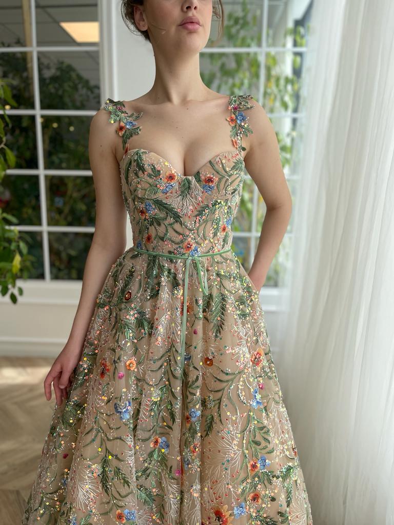Colorful A-Line dress with spaghetti straps and embroidery