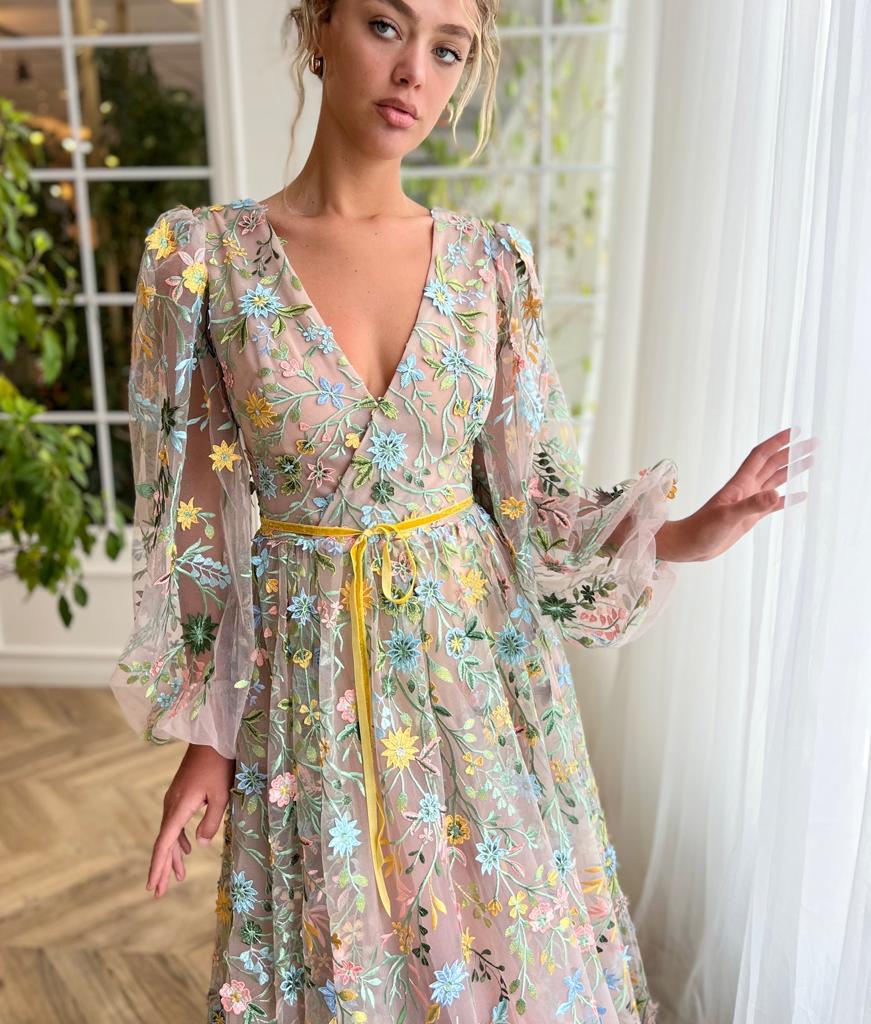 Beige A-Line dress with v-neck, long sleeves and floral embroidery