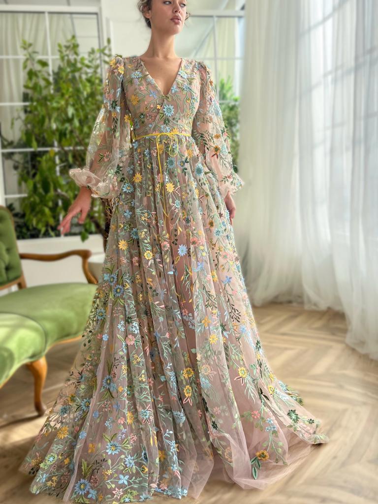 Beige A-Line dress with v-neck, long sleeves and floral embroidery