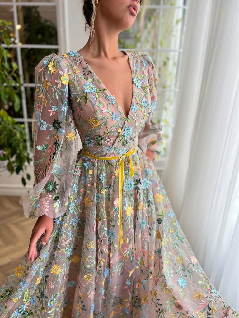 Beige A-Line dress with v-neck, long sleeves and floral embroidery