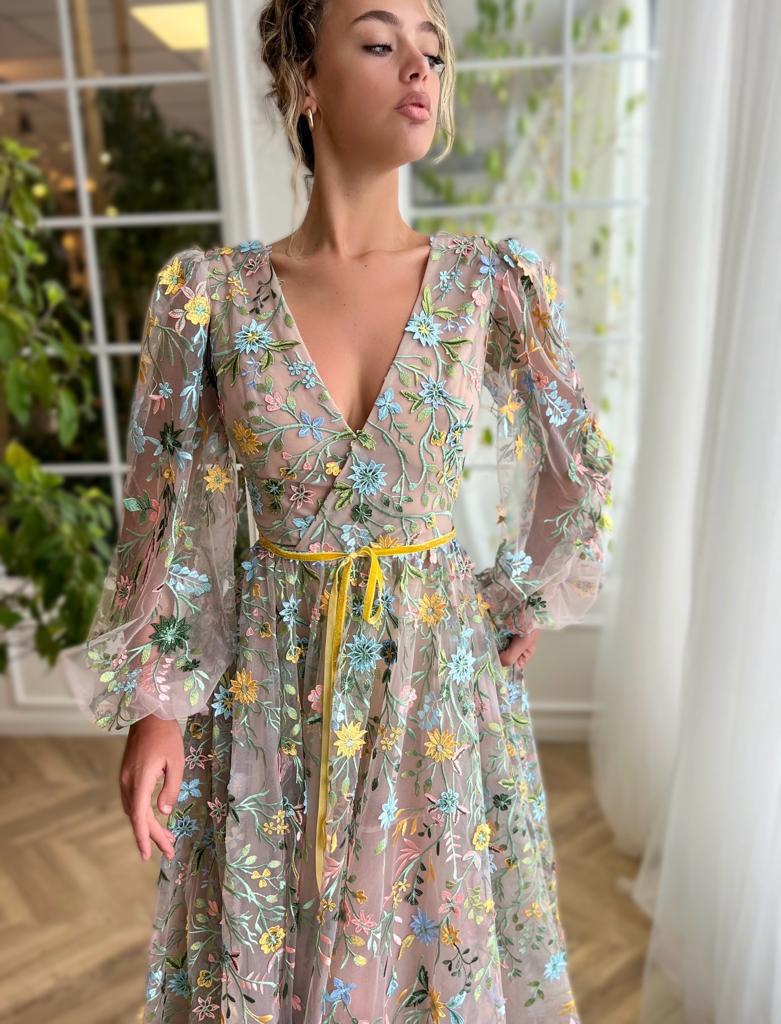 Beige A-Line dress with v-neck, long sleeves and floral embroidery