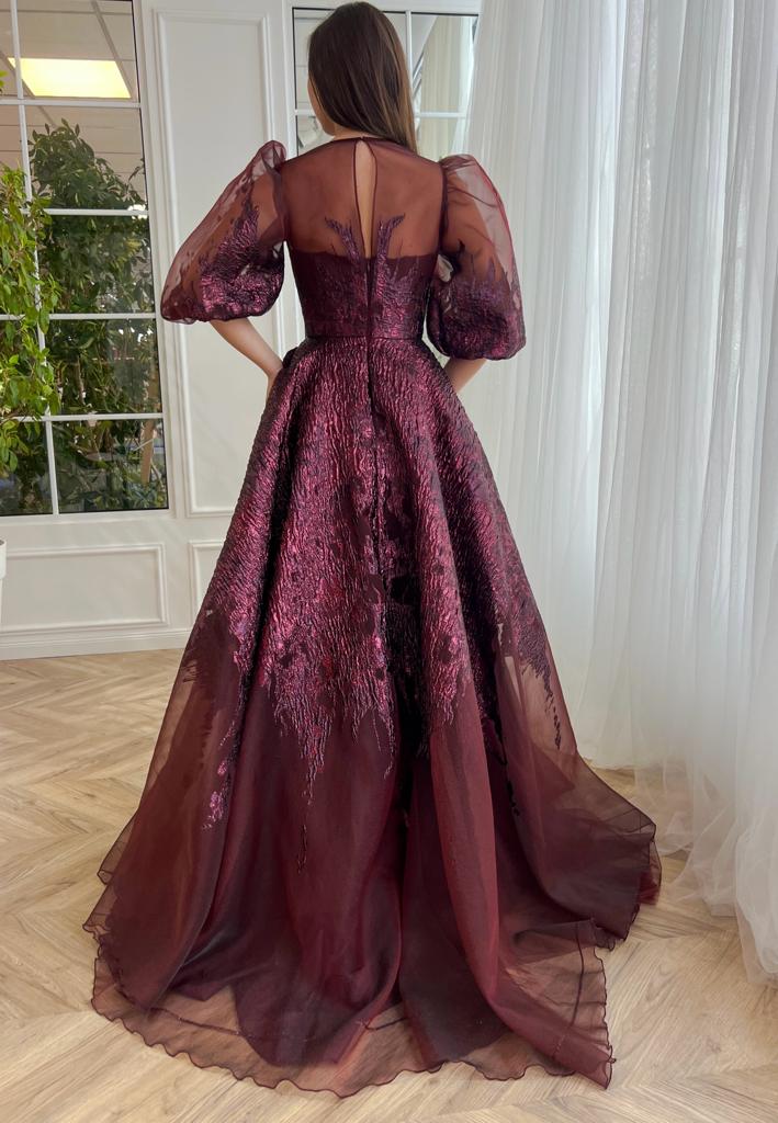 Purple A-Line dress with brocade fabric and short sleeves