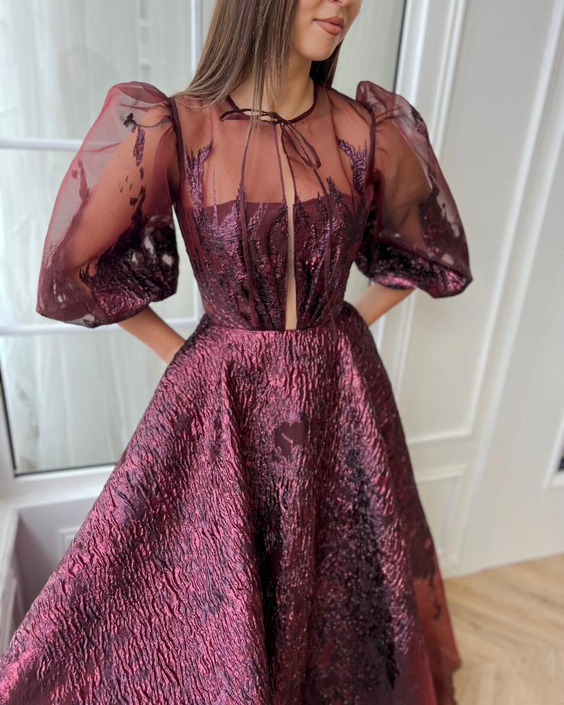 Purple A-Line dress with brocade fabric and short sleeves