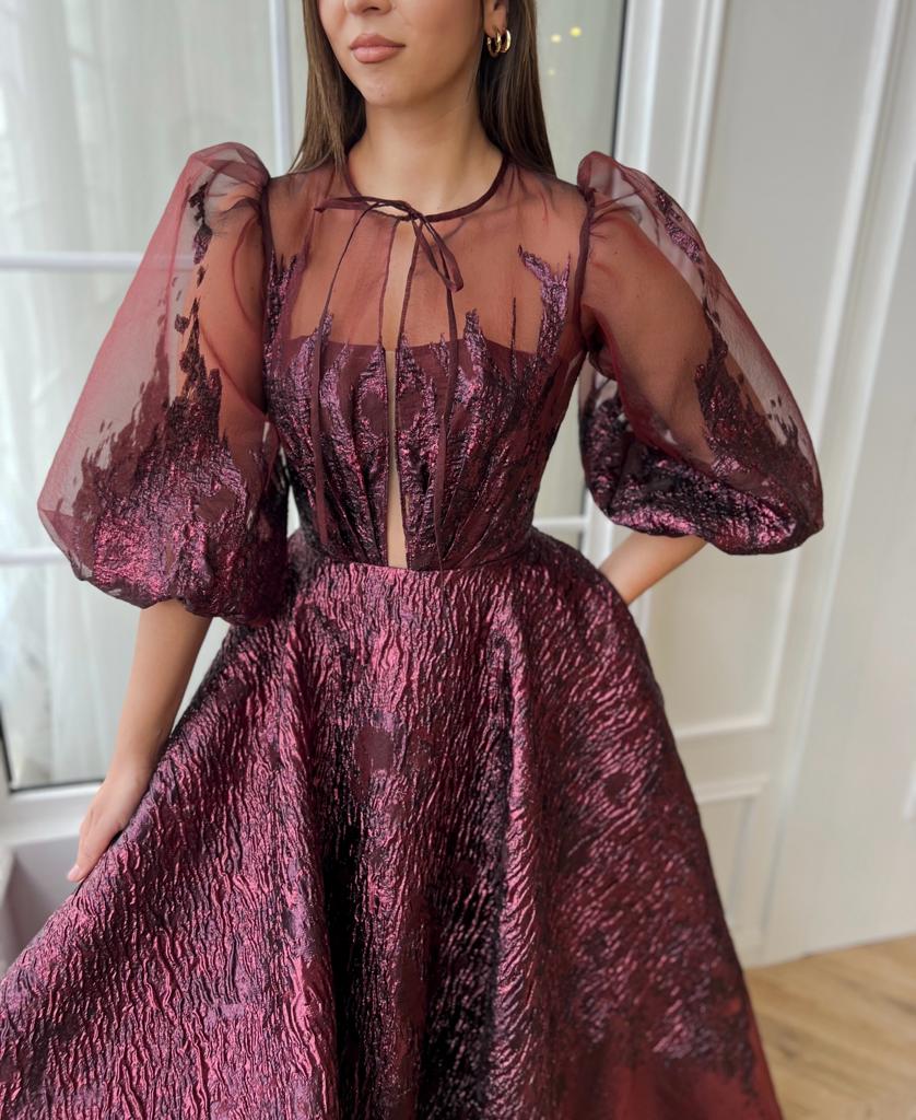 Purple A-Line dress with brocade fabric and short sleeves