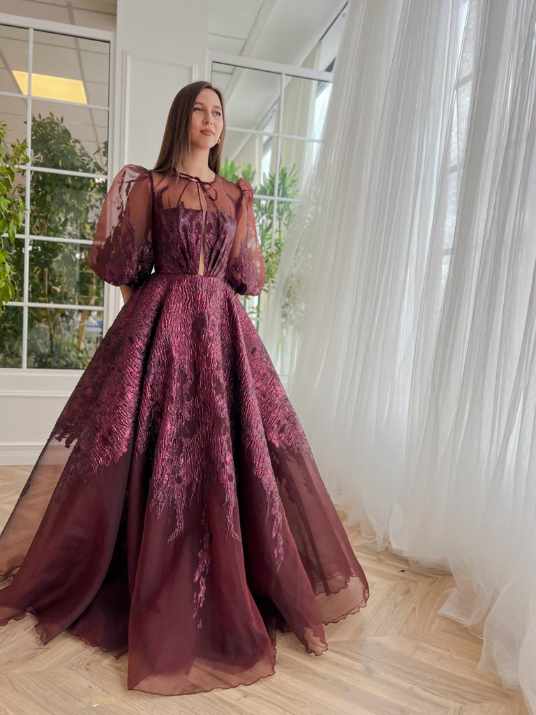 Purple A-Line dress with brocade fabric and short sleeves