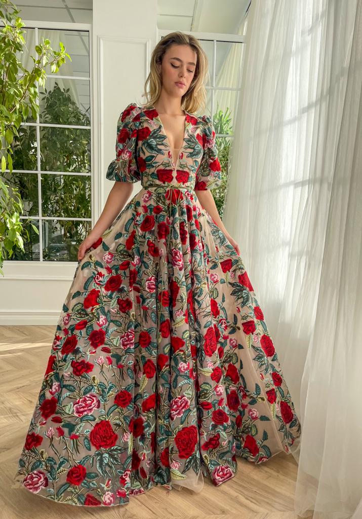 Red Rose Print Prom Dress With Roses Print Strapless Satin Floral Prom Dress Layered Ballgown For Red Rose Print Prom Dress With Roses Print Strapless Satin Floral Prom Dress Layered Ballgown For