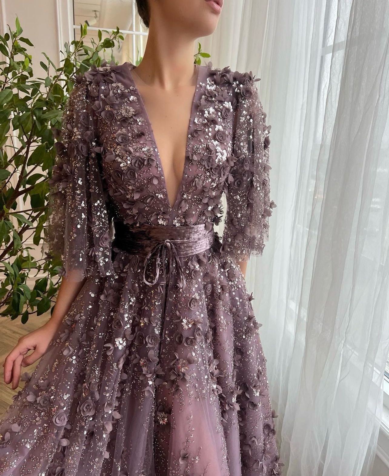 Purple A-Line dress with short sleeves, v-neck and embroidery