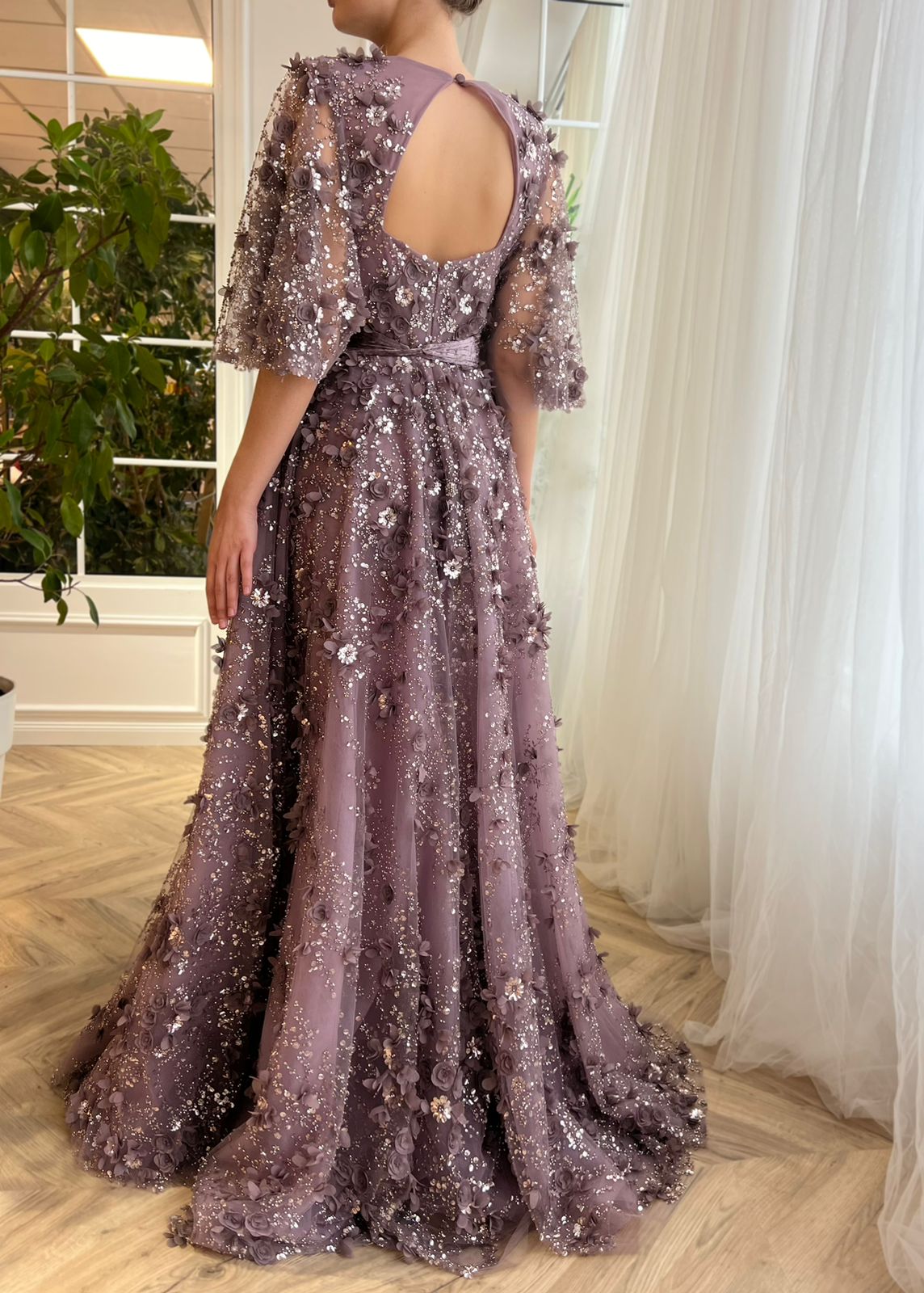 Purple A-Line dress with short sleeves, v-neck and embroidery