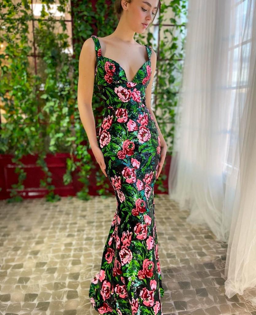 Colorful mermaid dress with floral print and spaghetti straps