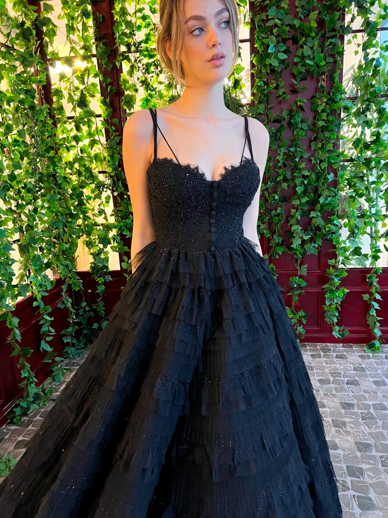 Black A-Line dress with spaghetti straps, embroidery and ruffles