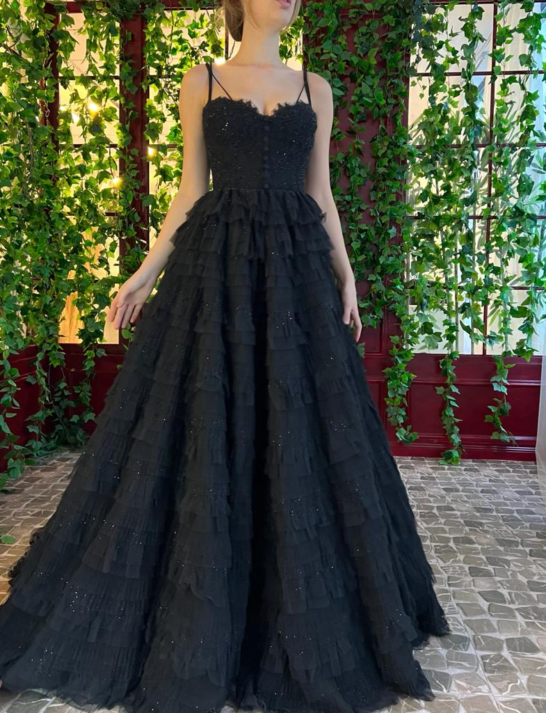 Black A-Line dress with spaghetti straps, embroidery and ruffles