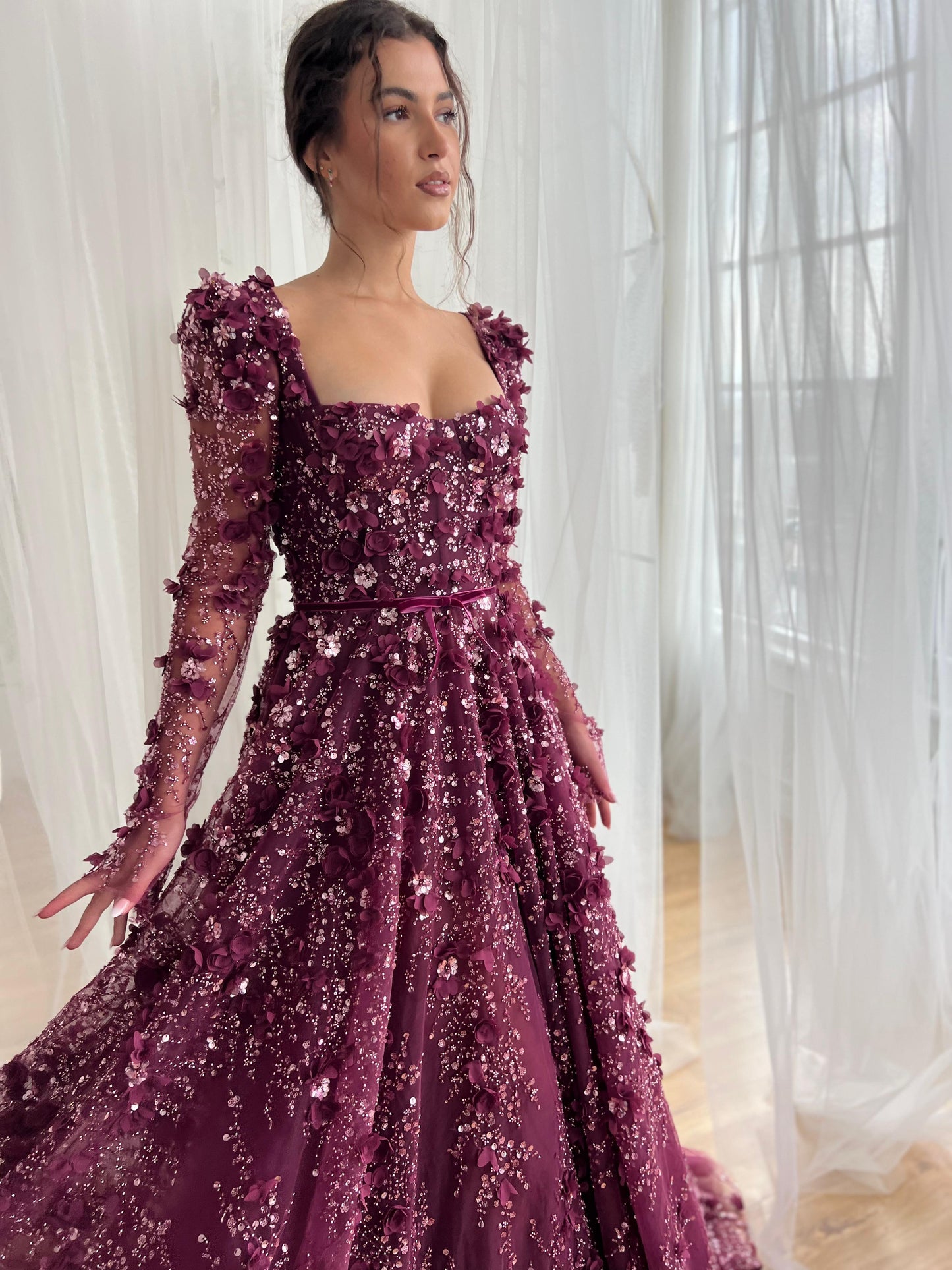 Purple A-Line dress with long sleeves and embroidery