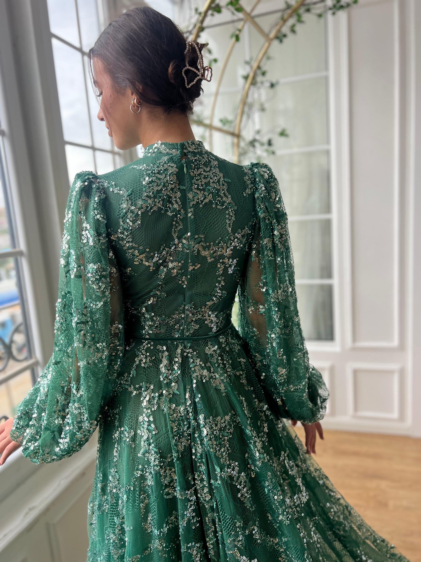 Green A-Line dress with long sleeves, sequins and embroidery