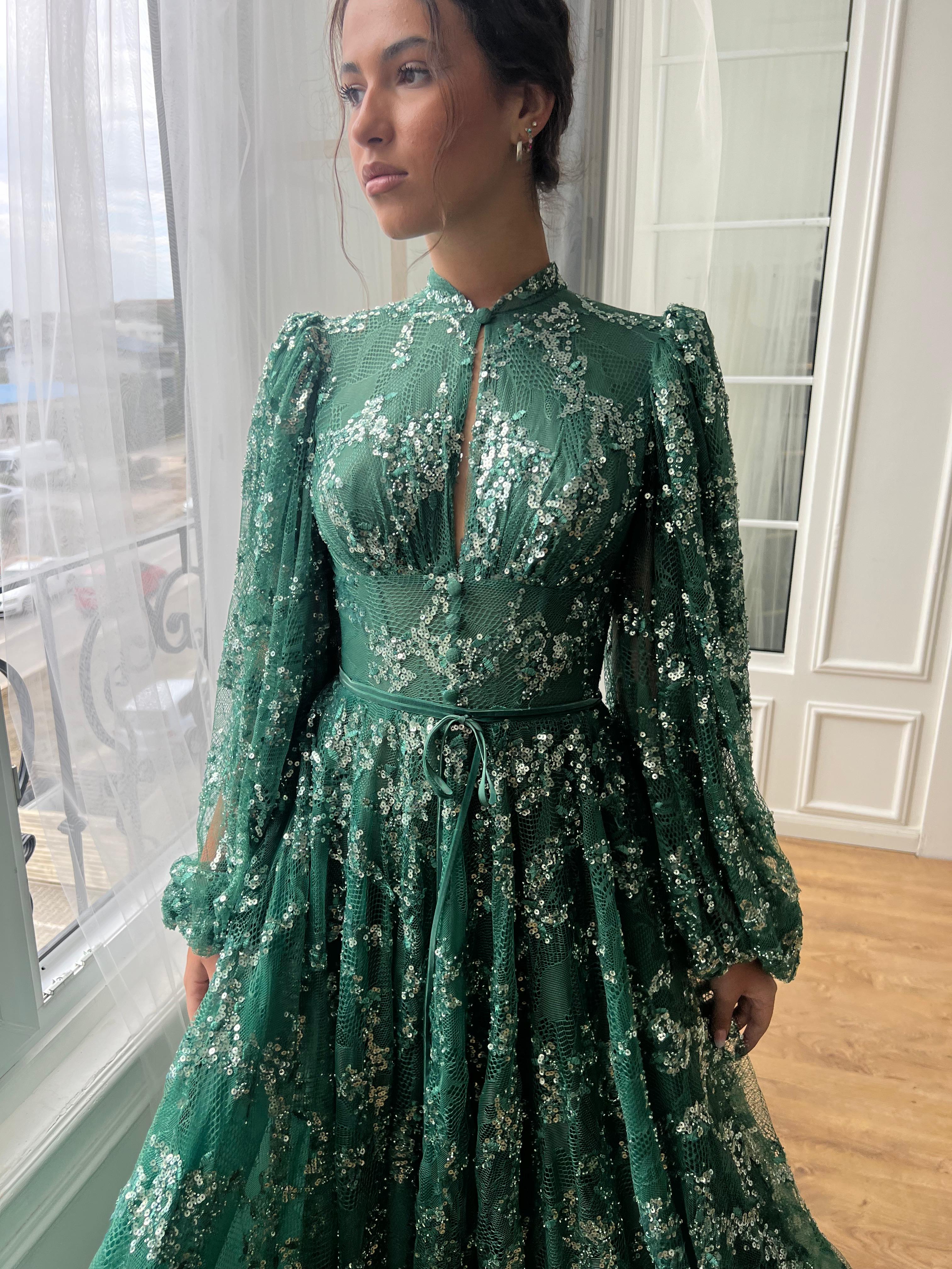 Green Net Sleeves Design For Gown Elegant Silk Dress Semi Formal Net Maxi Design With Hand Green Net Sleeves Design For Gown Elegant Silk Dress Semi Formal Net Maxi Design With Hand