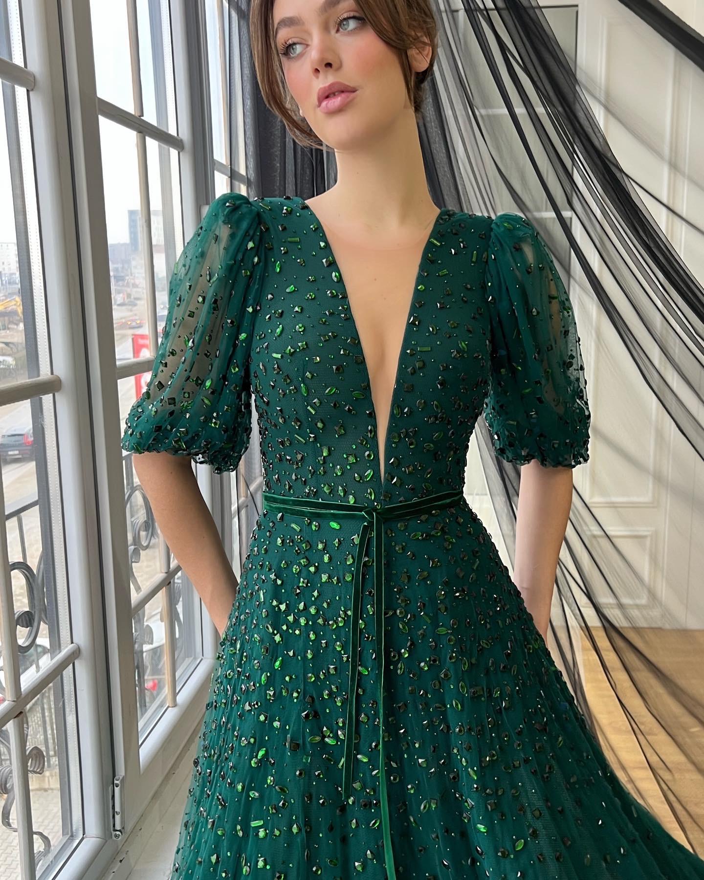 green cocktail dress with sleeves Green Gemstone Gown– Teuta Matoshi