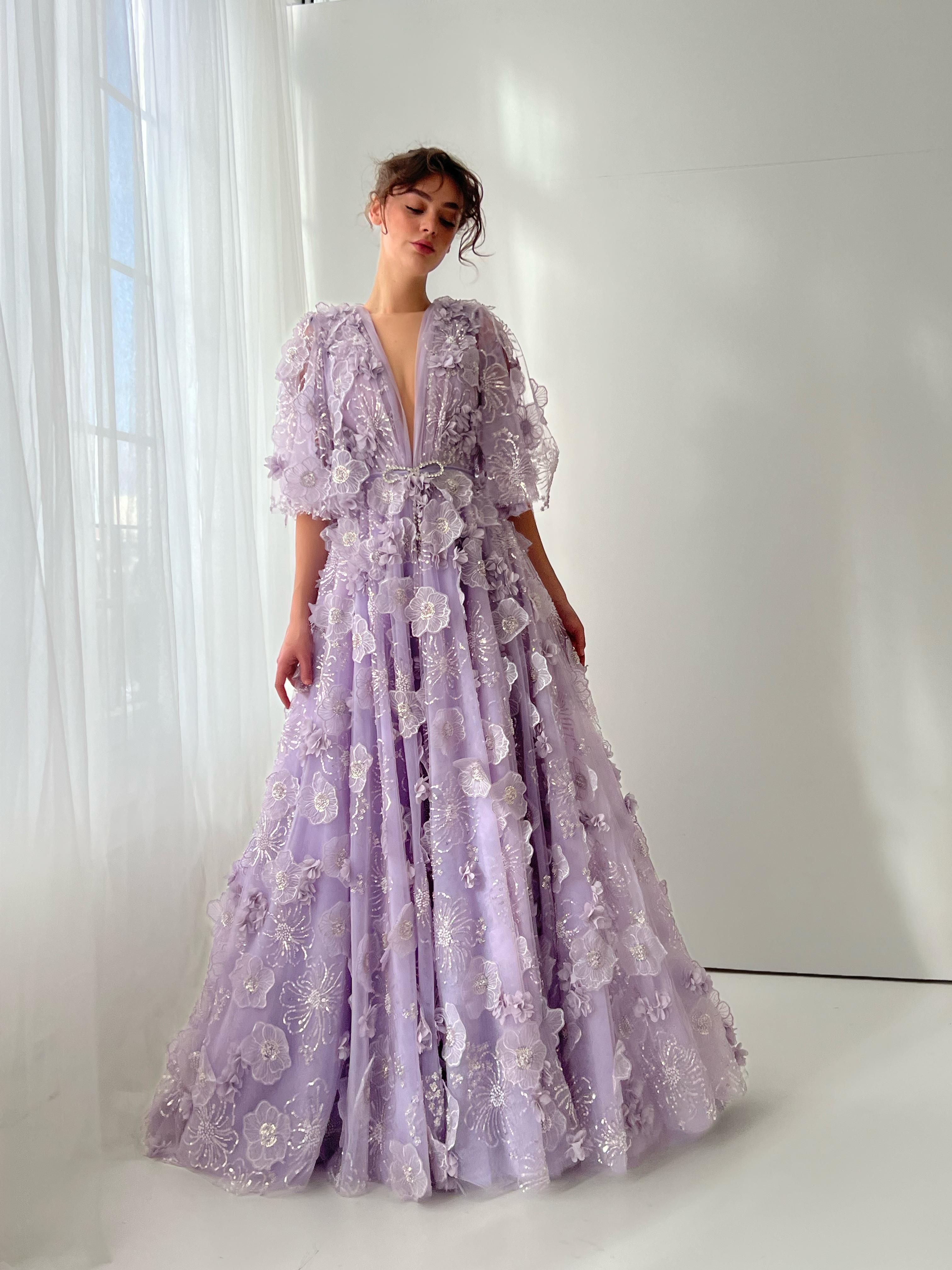 Purple A-Line dress with v-neck, short sleeves, belt and embroidery