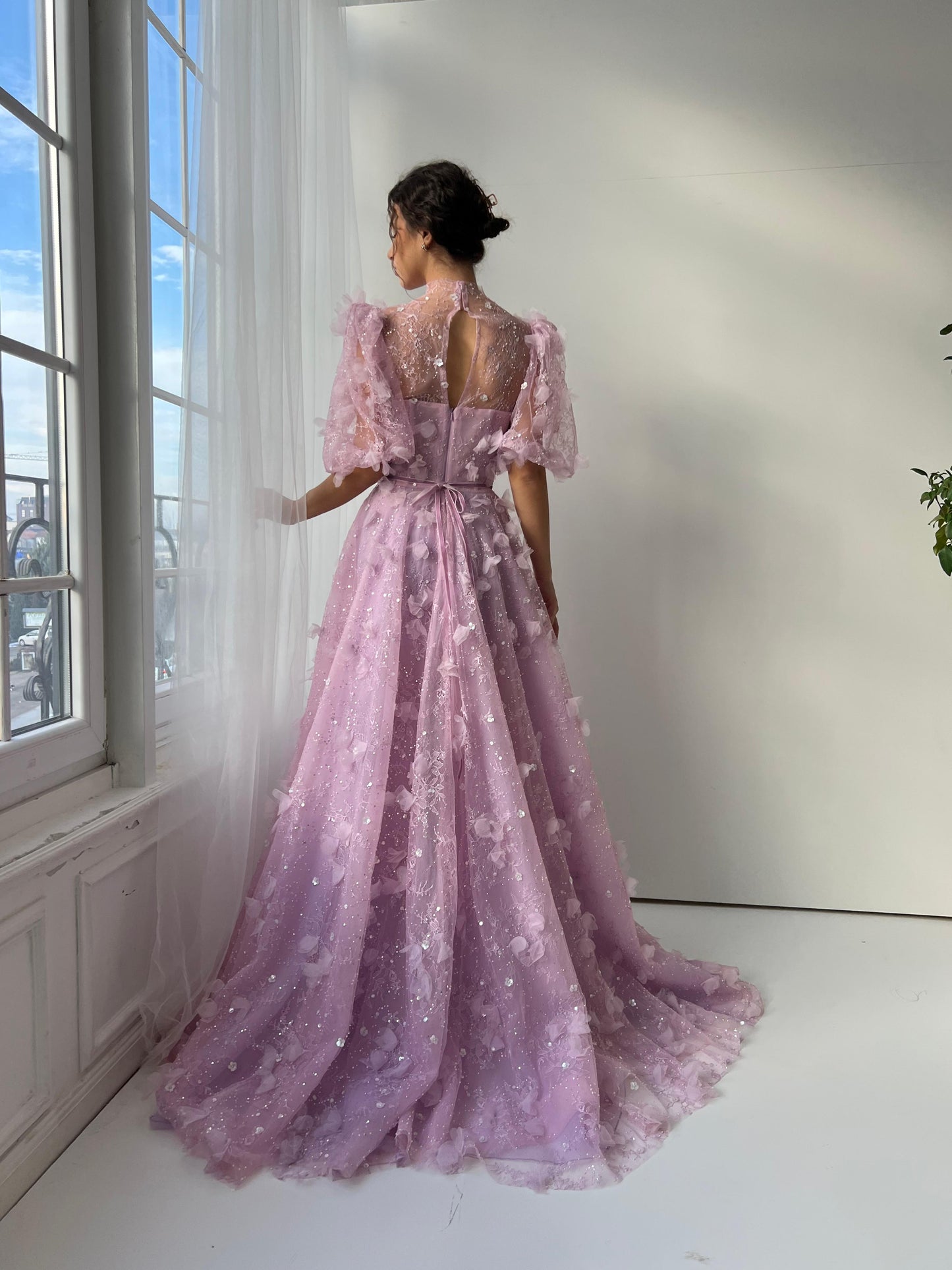 Purple A-Line dress with short sleeves and embroidery