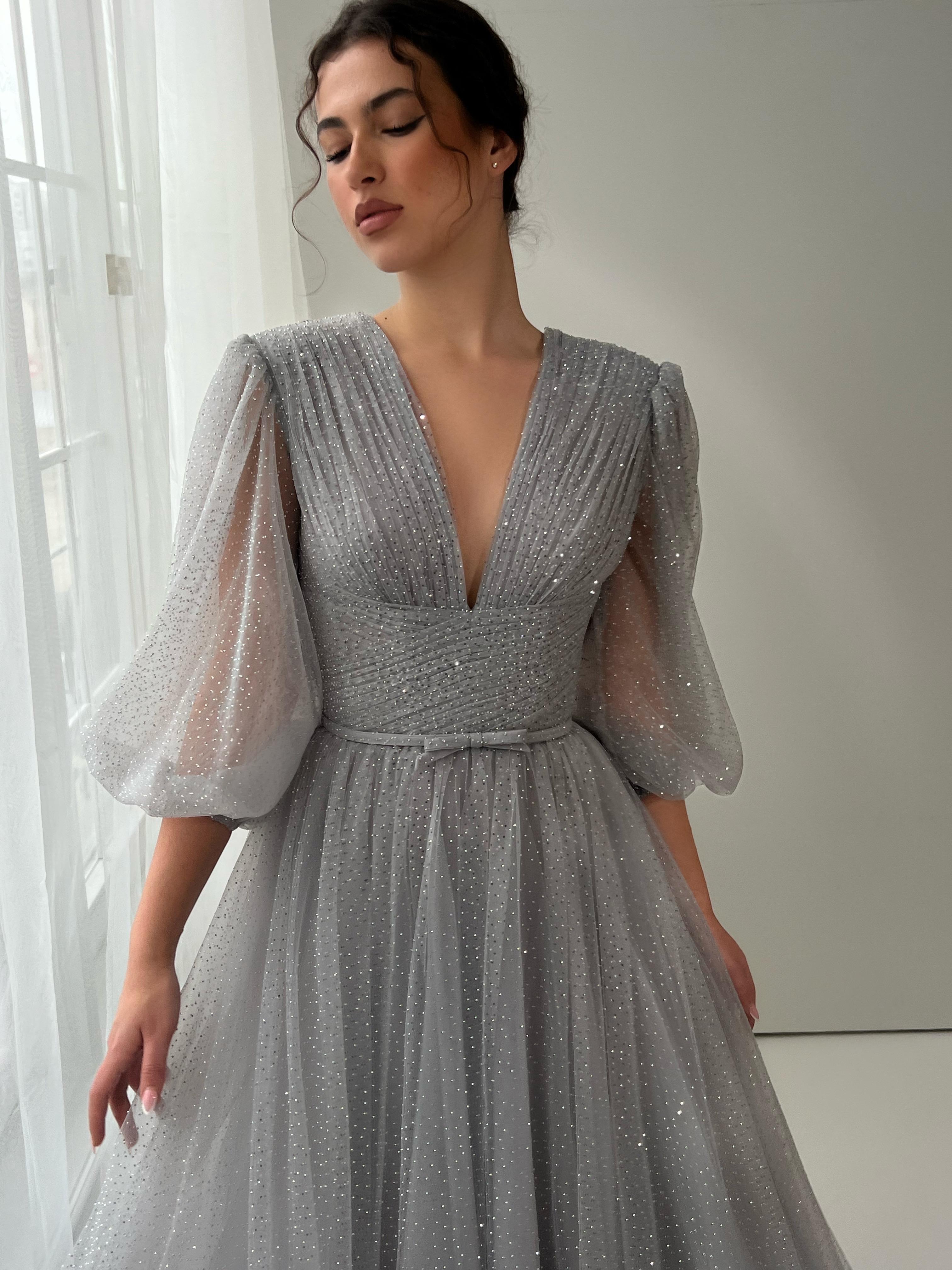 silver dress with sleeves Silver Dantelle Gown– Teuta Matoshi
