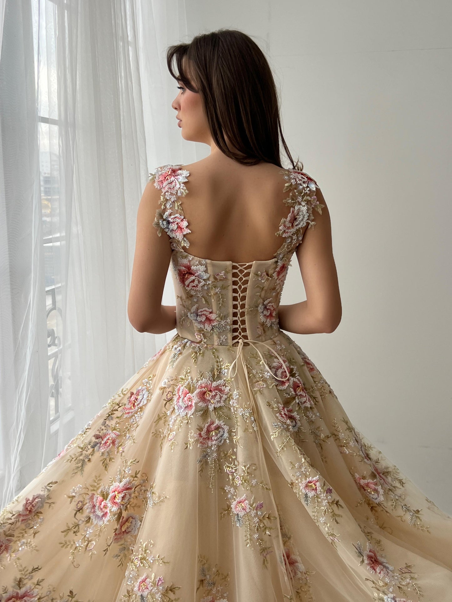Beige A-Line dress with straps and embroidery