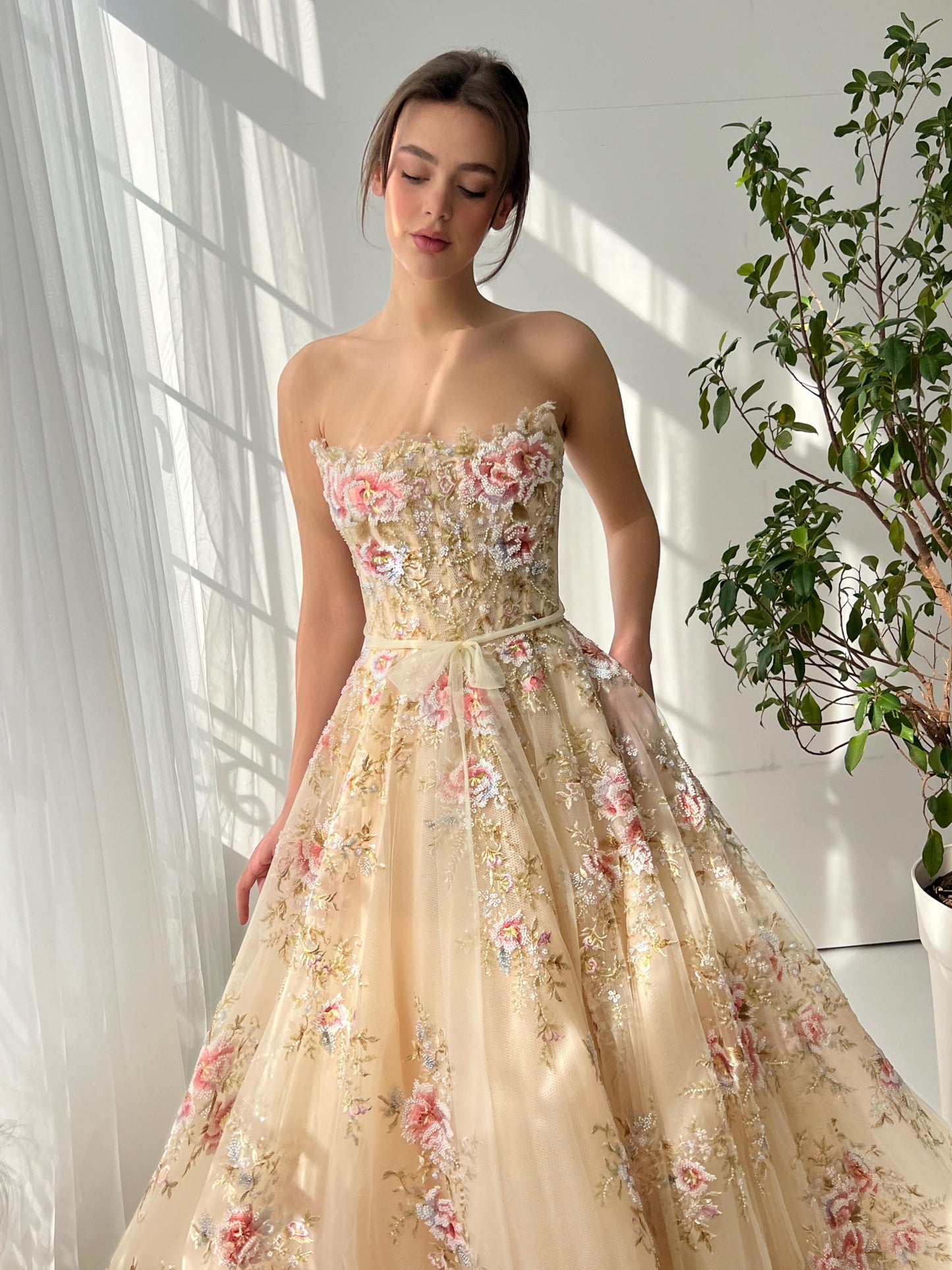 Beige A-Line dress with embroidery and sleeveless