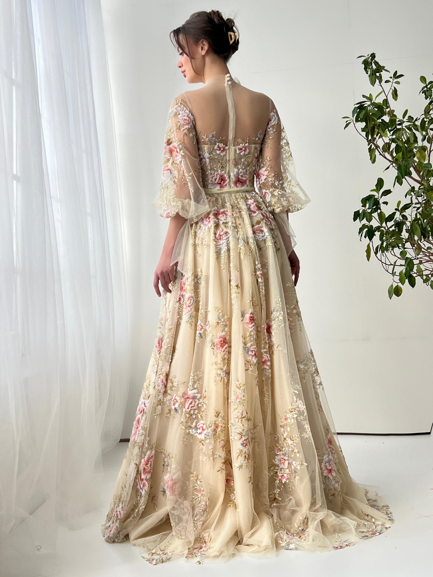 Beige A-Line dress with long sleeves and embroidery