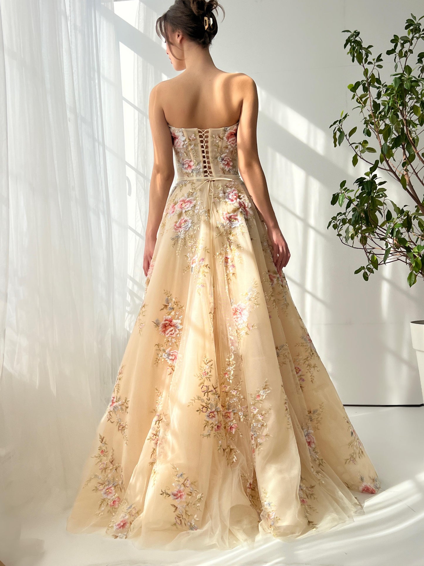 Beige A-Line dress with embroidery and sleeveless
