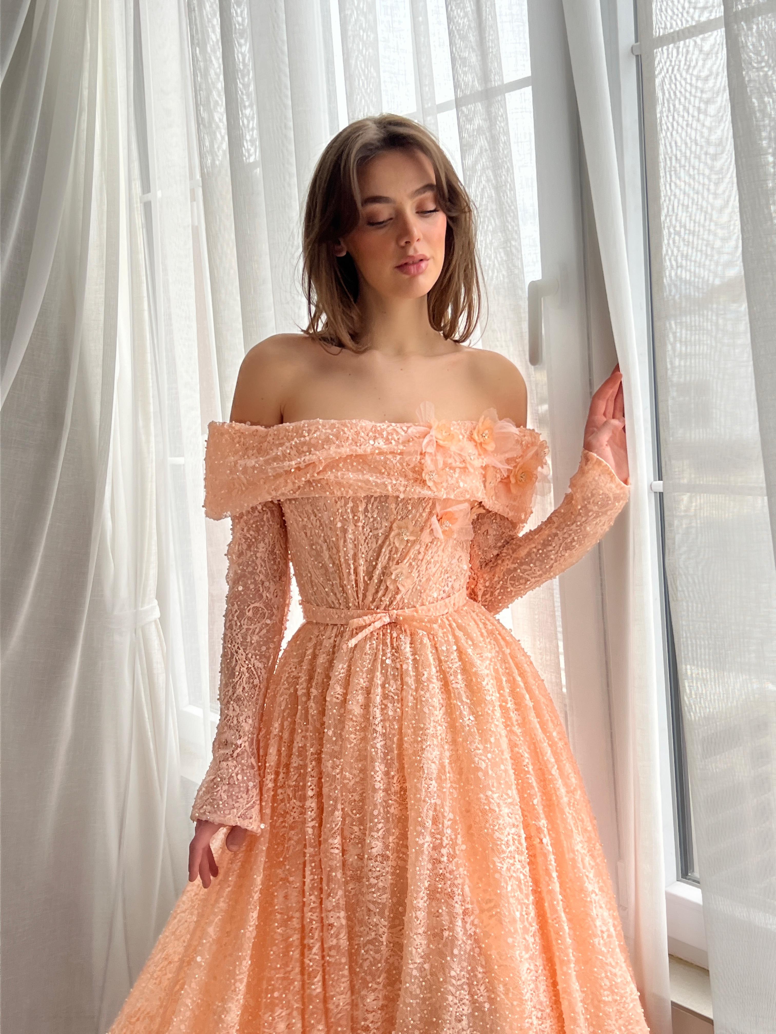 peach long dress with sleeves Peach Pink Off The Shoulder A-line Maxi Long Prom Dress