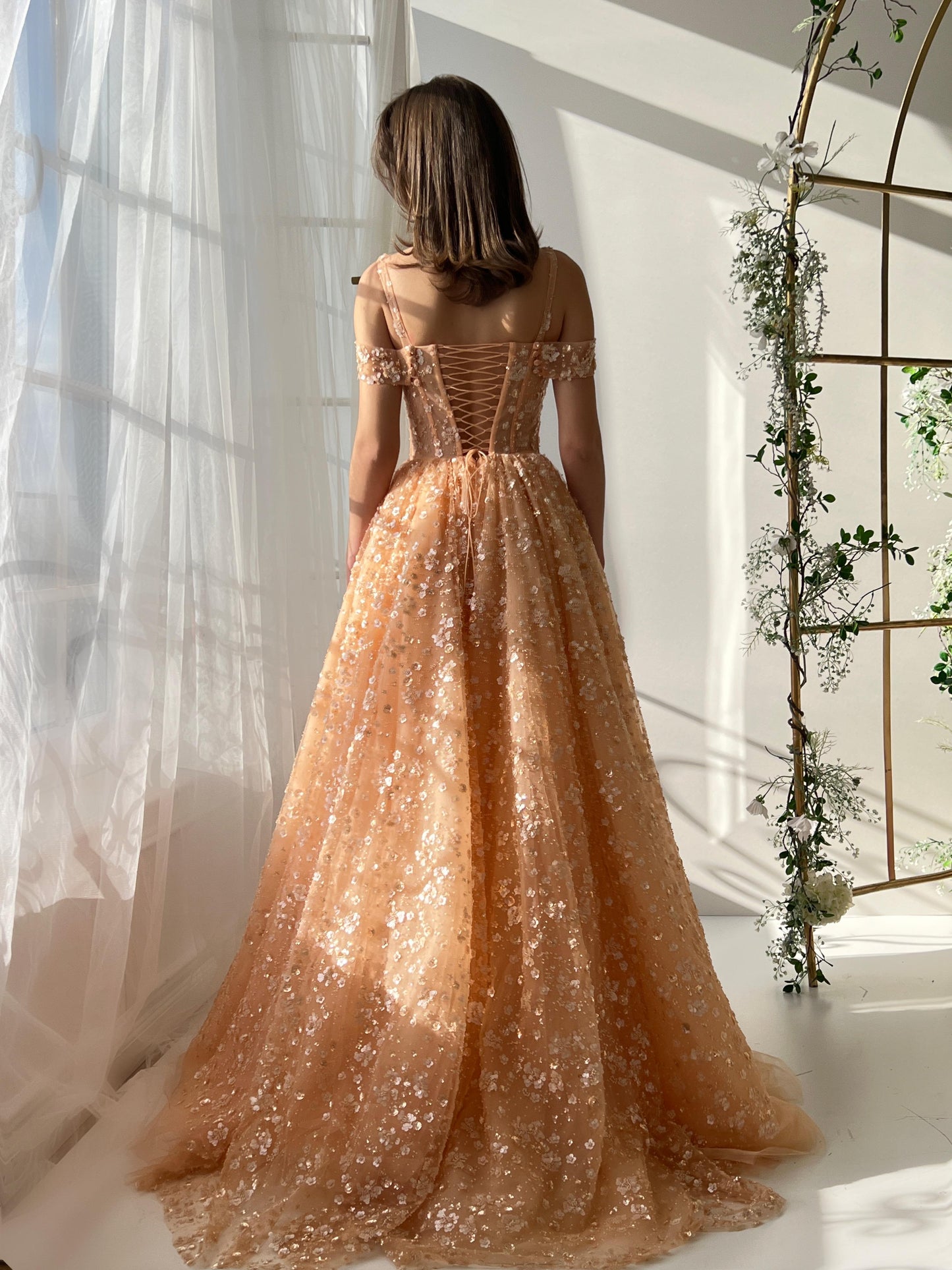 Peach A-Line dress with overskirt, embroidery, straps and off the shoulder sleeves