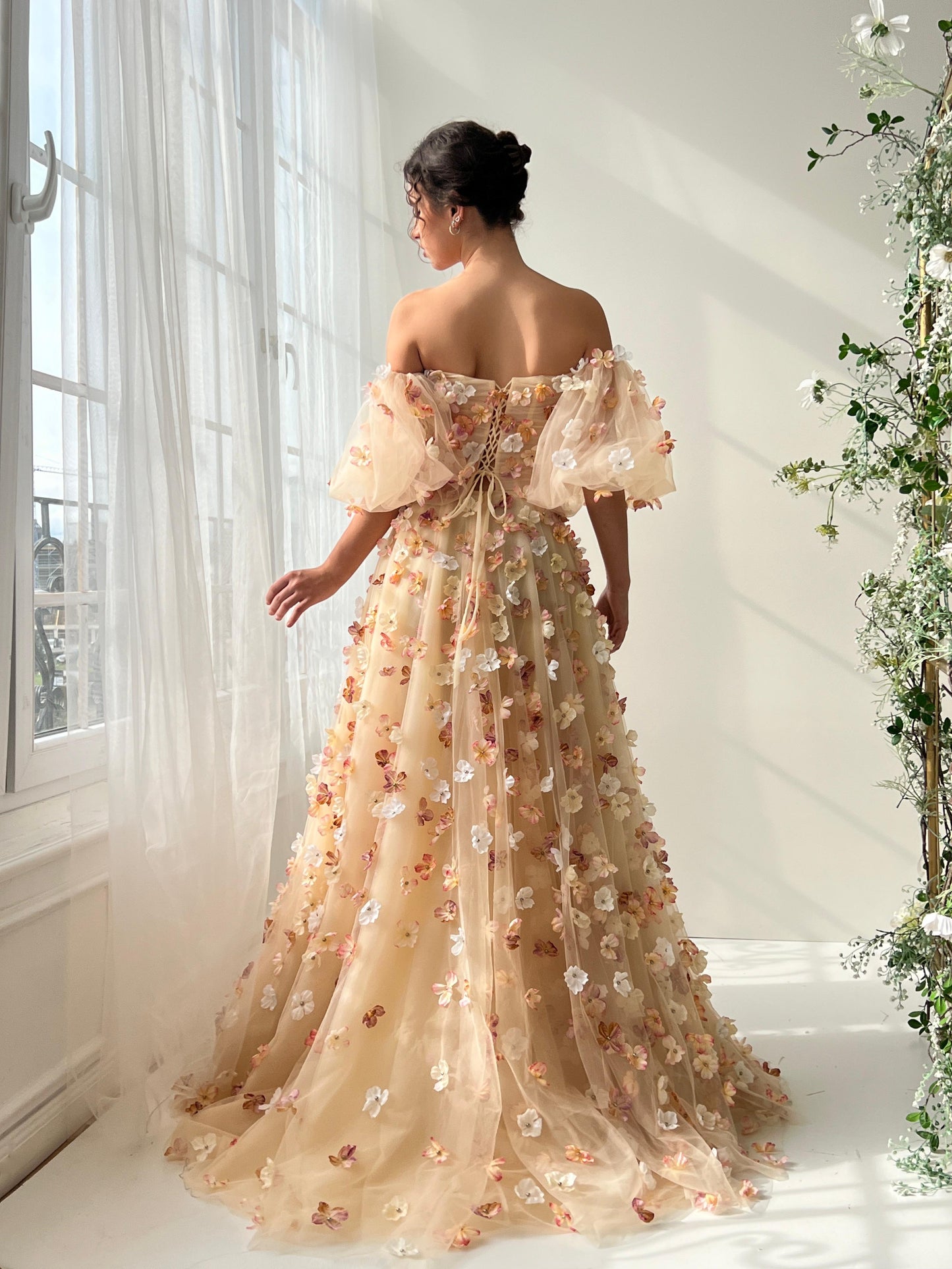 Beige A-Line dress with short off the shoulder sleeves and embroidery