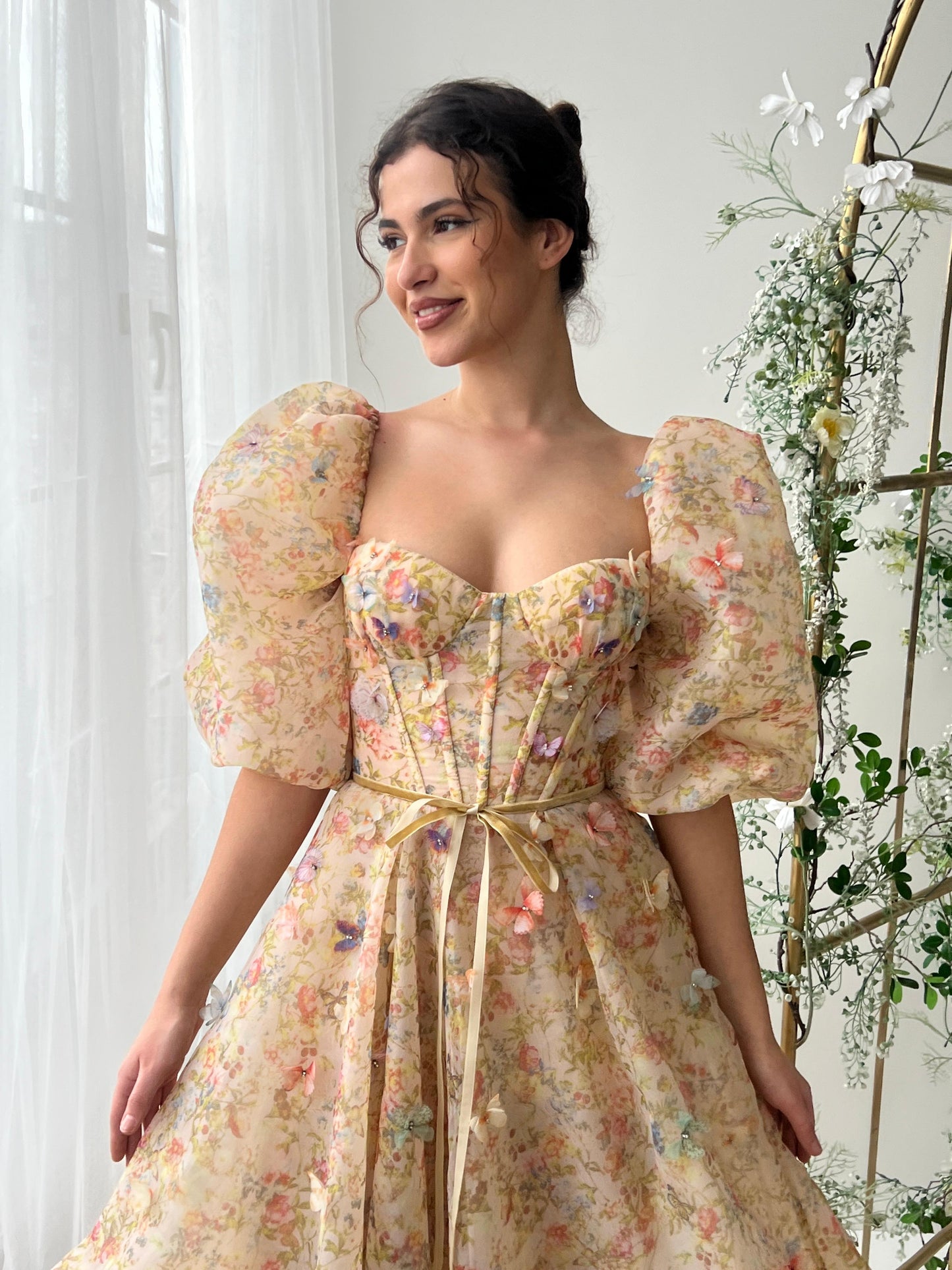 Beige A-Line dress with short sleeves and embroidered butterflies