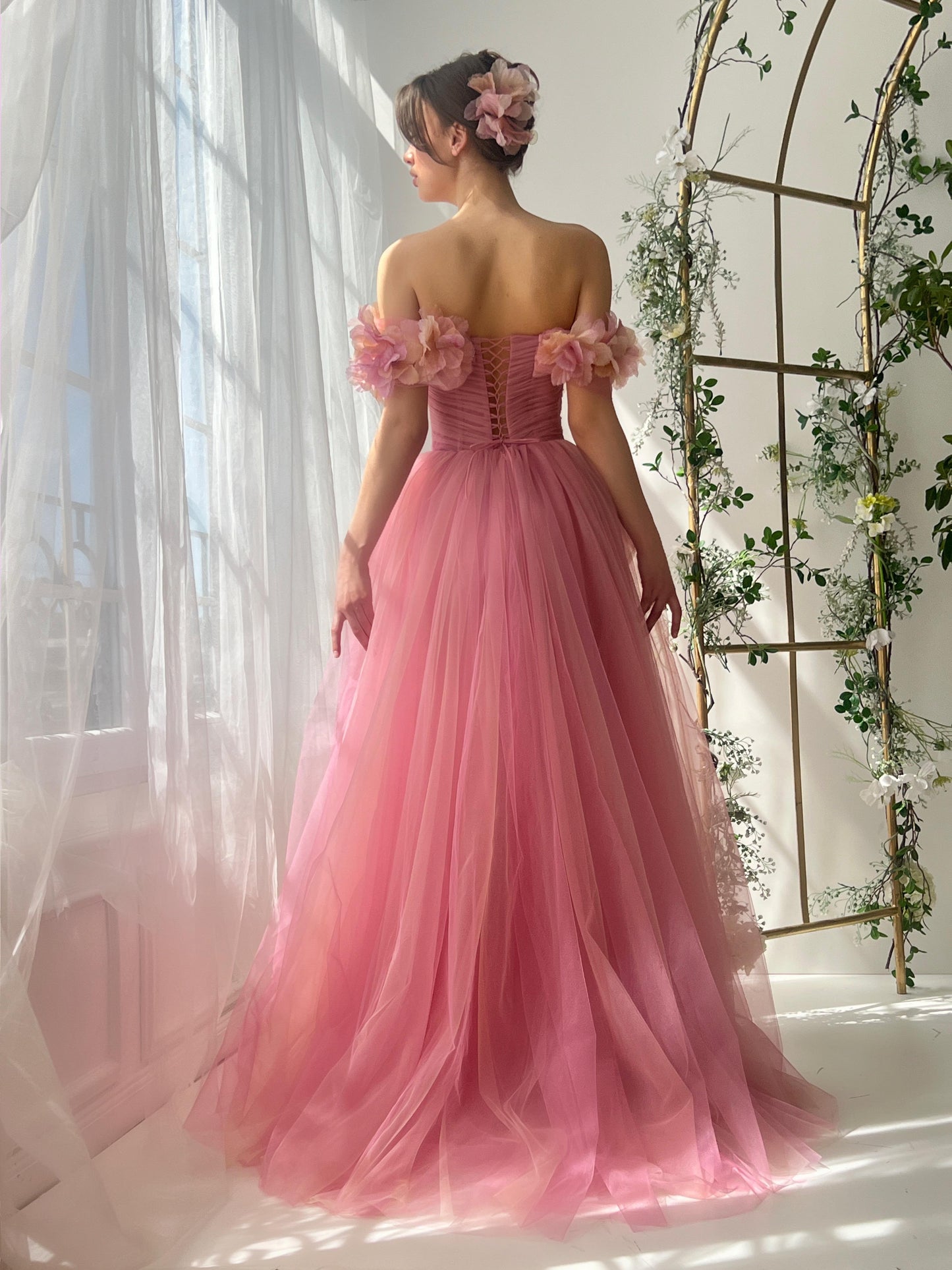 Pink A-Line dress with off the shoulder sleeves and embroidered flowers