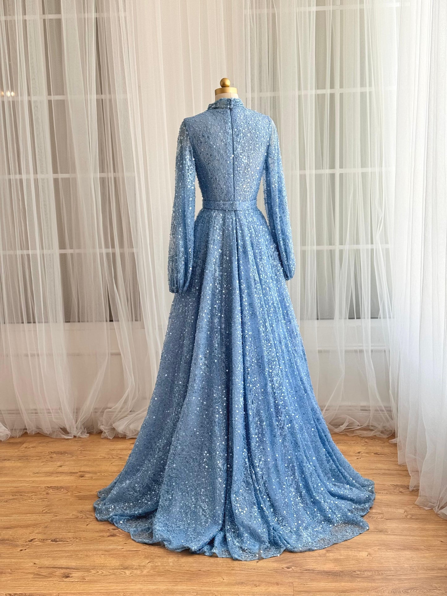 Blue A-Line dress with long sleeves, v-neck and sequin fabric