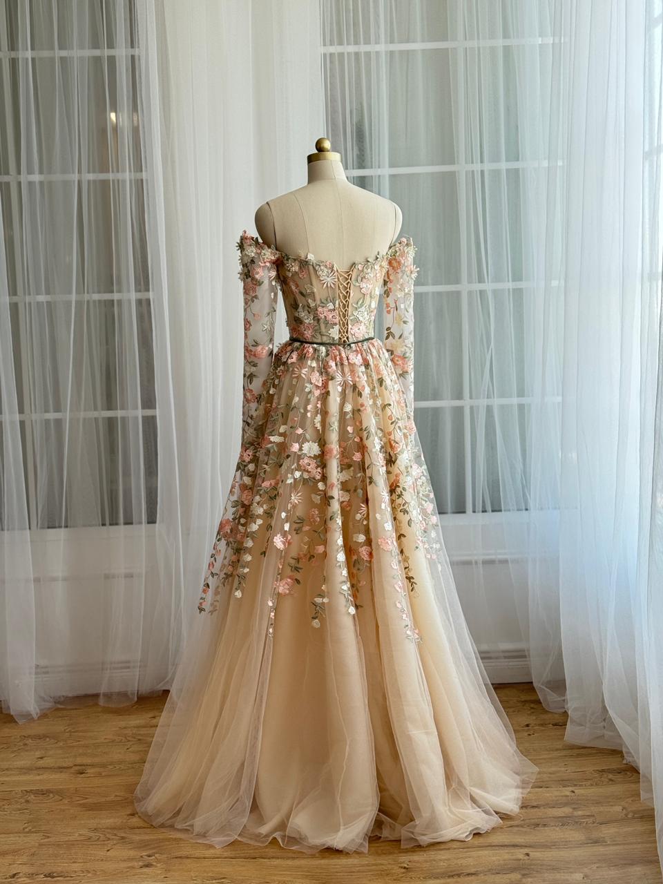 Beige A-Line dress with long off the shoulder sleeves and embroidery