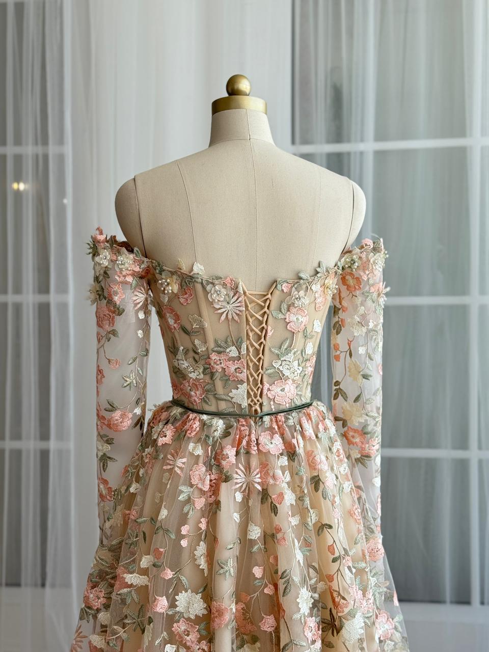 Beige A-Line dress with long off the shoulder sleeves and embroidery