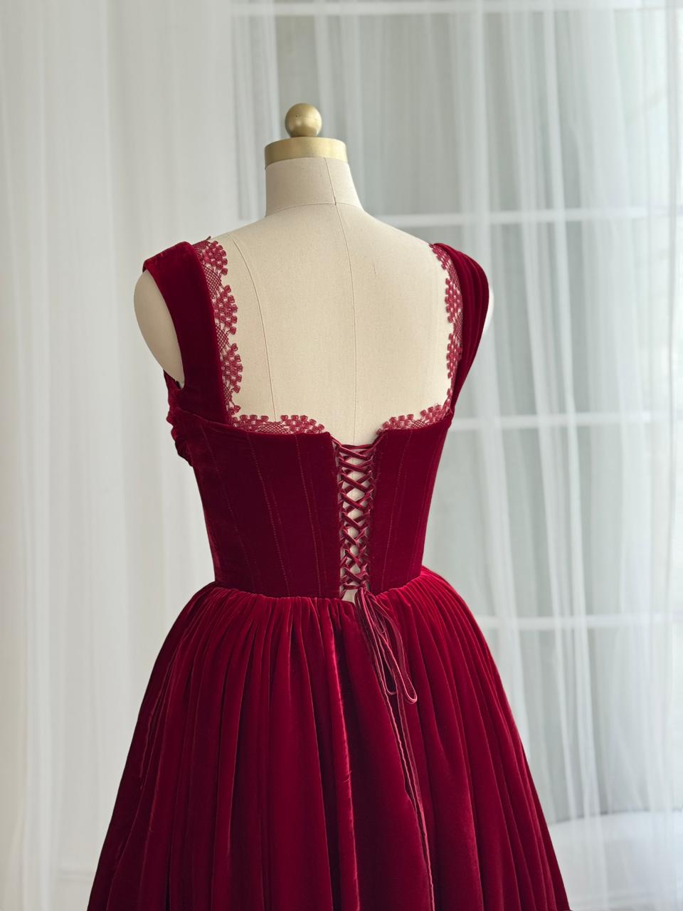 Red midi dress with straps and embroidered lace