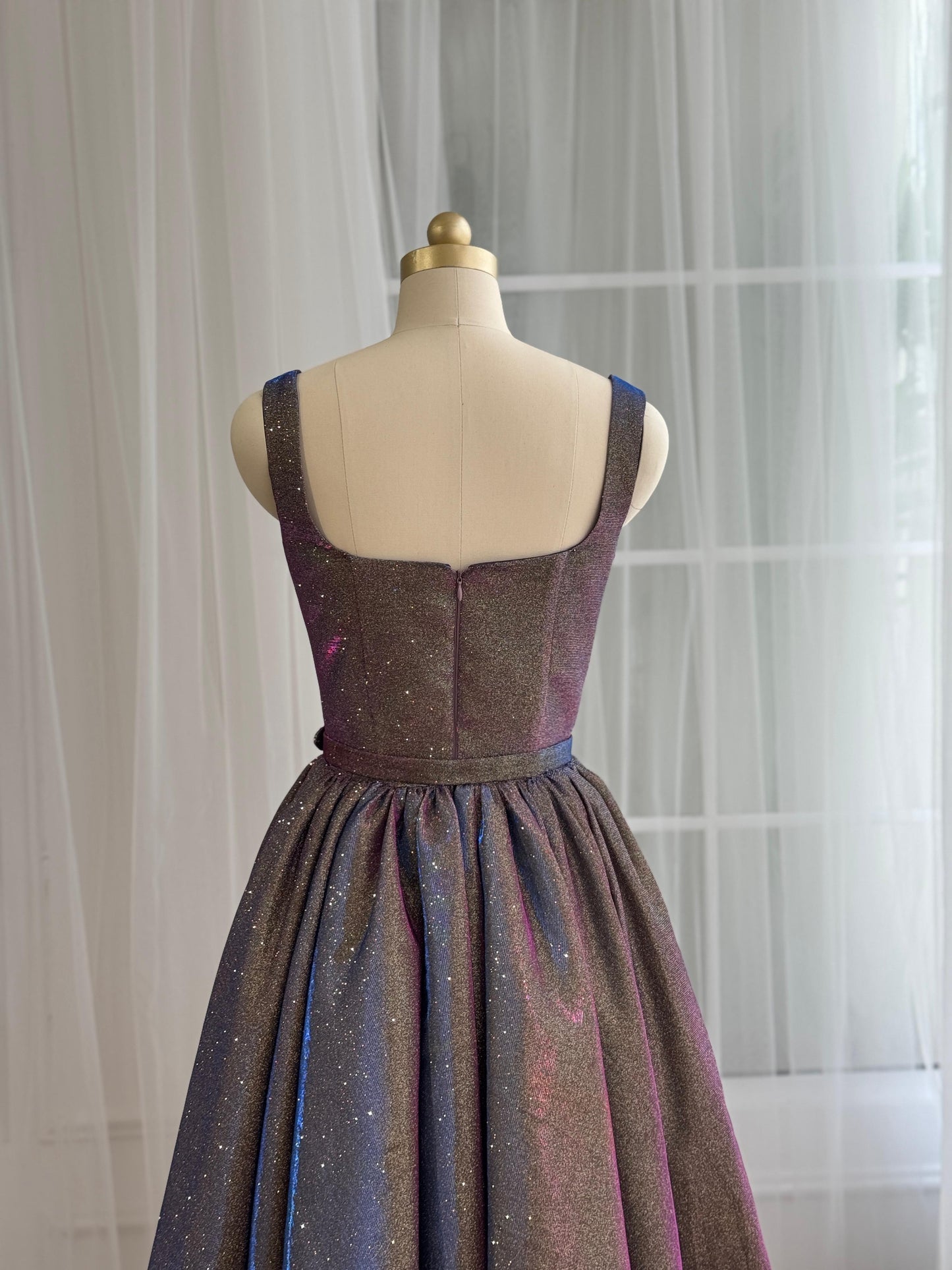 Purple midi dress with straps, belt and sparkly fabric
