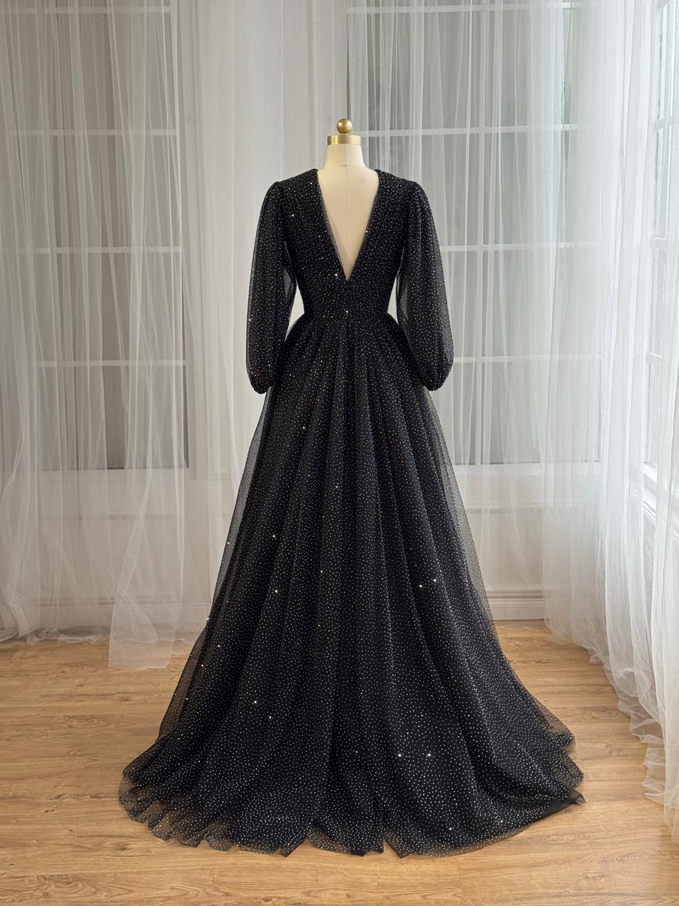 Black A-Line gown with beading, v-neck and long sleeves