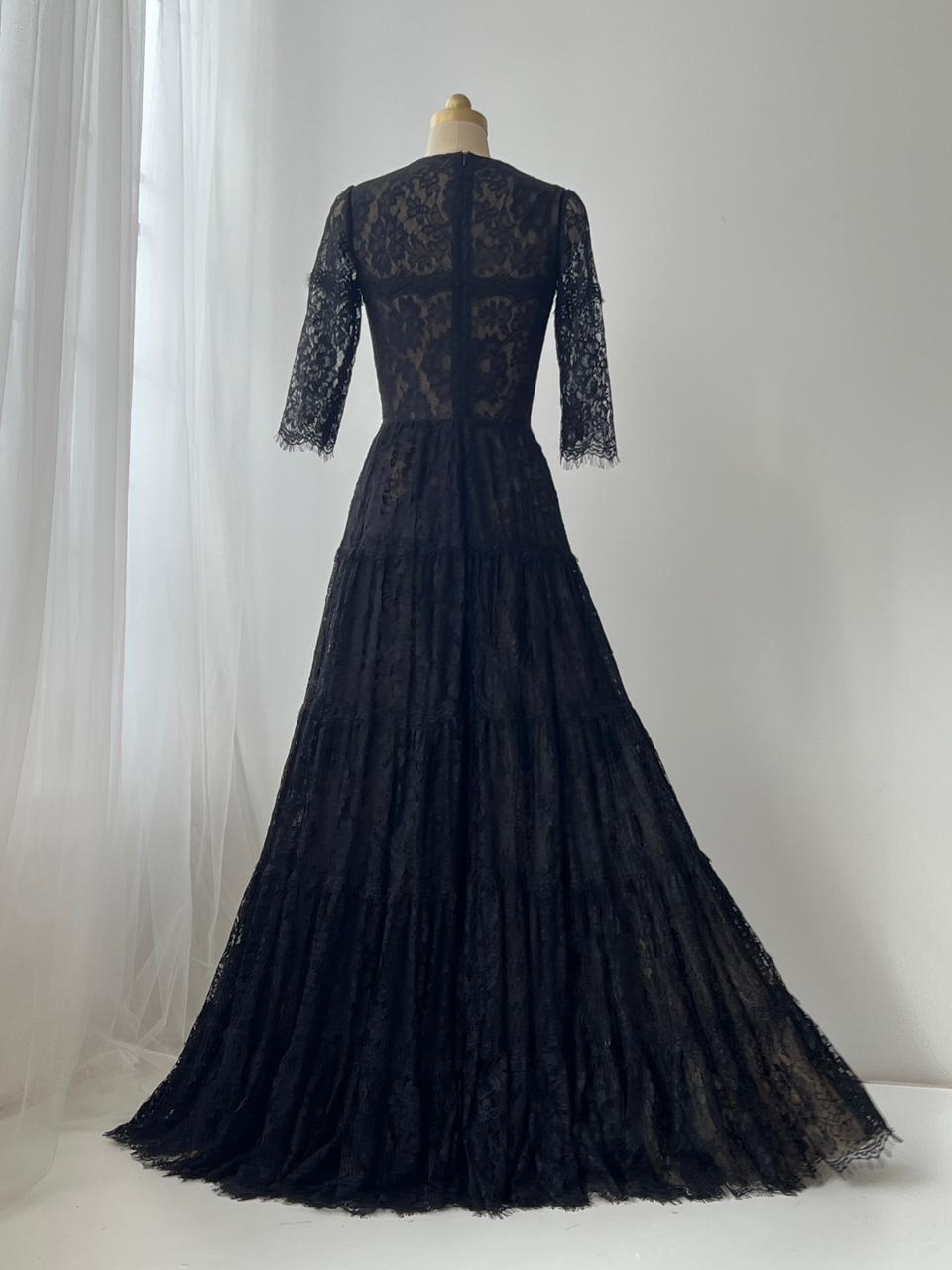 Black A-Line gown with lace, embroidered bow and short sleeves